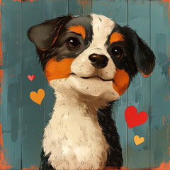 Wall Mural - Cute dog with a red collar sits on a table with a heart drawn on it.