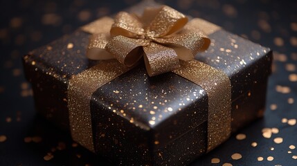 Elegant black gift box with gold ribbon and glittering accents on a festive background.