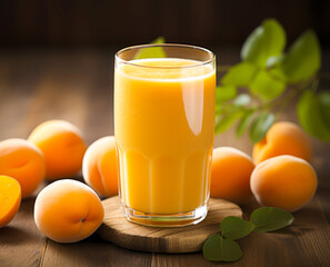 refreshing apricot smoothie and surrounded by fresh apricots and leaves. a glass with a fruit drink on a dark background.