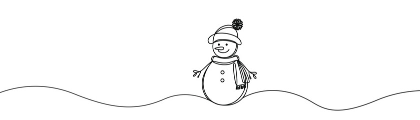 Wall Mural - Single drawing with a continuous line on a white background. Cute snowman in a hat and scarf