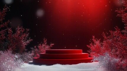 Poster - In a winter-themed setting, a striking red podium stands amidst soft snow, illuminated by a warm red glow. Surrounding the podium are frosty decorations, creating a magical holiday atmosphere.