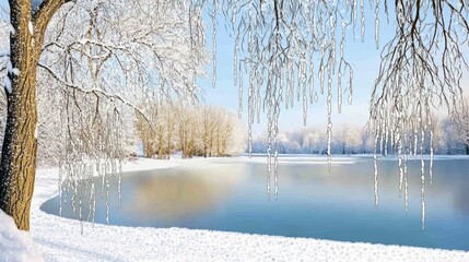 A serene winter landscape with snow-covered trees and icicles hanging from branches over a frozen lake.