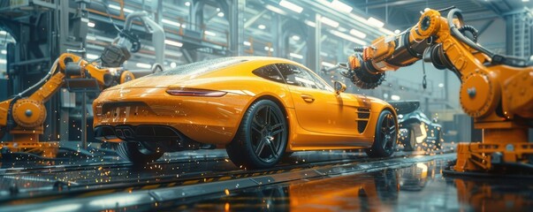 Orange sports car in a modern manufacturing facility with robotic arms.