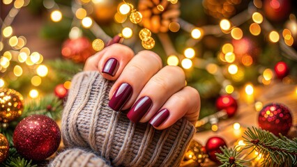 Burgundy manicure with holiday lights and pine decorations