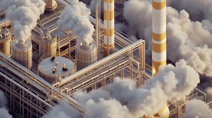 Aerial view of industrial factory complex with smokestacks and emissions against a cloudy sky.