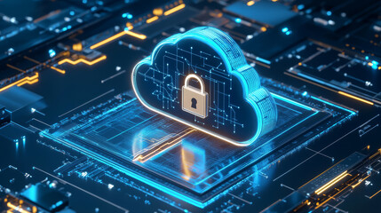 glowing data cloud with digital lock symbolizes secure cloud computing and data protection. futuristic design highlights cybersecurity and technology innovation