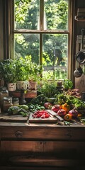 Canvas Print - Rustic kitchen window with fresh vegetables.