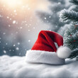 © Qrryferry - Red Santa hat, placed on a white snowy background, with small snowflakes falling on the hat. The details of the fluffy fur on the brim and the white tip are clearly visible.
