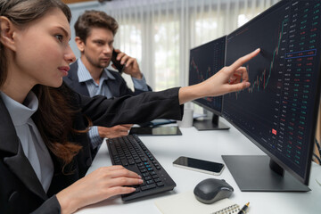 A man broker calling trader businessman to inform high profit point of stock exchange in digital currency while a woman assistance pointing to analyzed data monitor on real time at office. Postulate.