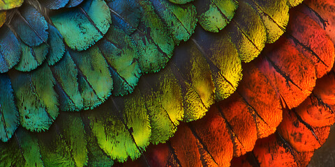 Extreme Close-up of Parrot Wing. Intricate Scales and Patterns in Vivid Colors