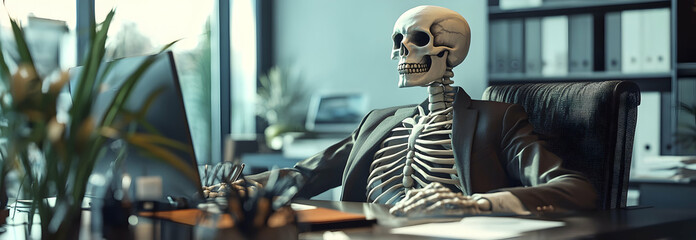 Wall Mural - A skeleton businessman sitting at a desk, hard at work in a surreal office scene. -