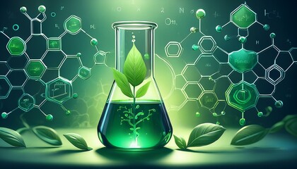 Wall Mural - a beaker with green liquid and a plant growing inside surrounded by green leaves and chemical formulas