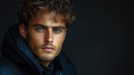 young male model dressed in casual black attire posing confidently against a sleek gray backdrop emphasizing fashion and modern style