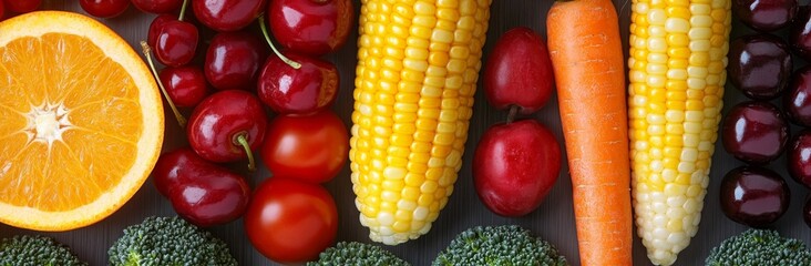 Wall Mural - A variety of fresh fruits and vegetables, including oranges, cherries, tomatoes, corn on the cob, and carrots.