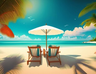 beautiful panoramic sea sand sky tropical relax beach sunny summer island landscape love couple chairs umbrella palm leaves romantic coast luxury travel destination honeymoon vacation best ai