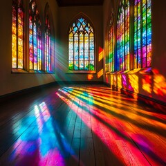 A brightly colored stained glass window in a church