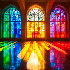 Wall Mural - A large stained glass window in a church with sunlight streaming through it