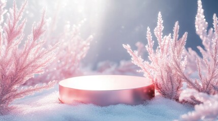 Aufkleber - A round, pink pedestal sits on a snowy surface, surrounded by delicate branches with a soft, pink hue.