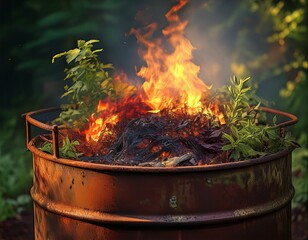 flames emerging from smoldering garden debris in a rusty metal barrel