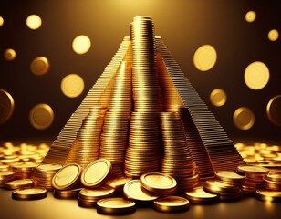 golden coins stacked in pyramid shape symbolize wealth and prosperity reflecting concept of financial growth and investment opportunities