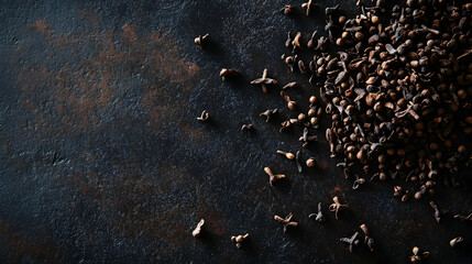 Poster - Dry cloves scattered on a rustic dark surface, adding warmth and spice  -