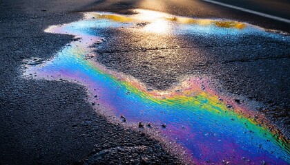 iridescent oil spill on asphalt