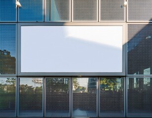 large horizontal outdoor billboard mockup on glass wall of a contemporary structure providing space for advertising display in a public setting