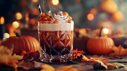 Poster - A festive Halloween coffee cocktail served in a glass, surrounded by pumpkins and autumn leaves, set against a bokeh-lit background for a spooky and fun celebration