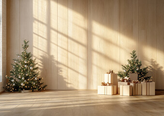 Wall Mural - two decorated christmas trees with lights stand in sunlit room, accompanied by neatly wrapped gift b