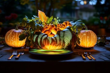 A digital cornucopia displayed as a hologram centerpiece, illuminating a cyberpunk Thanksgiving table