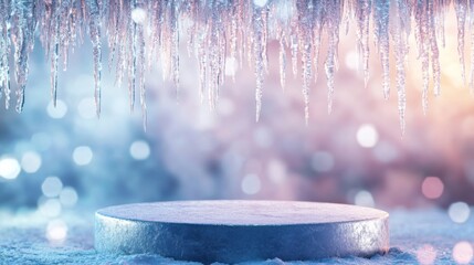 Poster - A circular platform covered in frost sits on a snowy surface. Icicles hang above the platform, creating a cold, wintery scene.