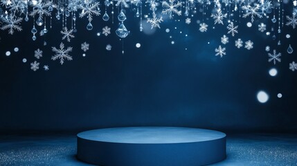 Poster - The setting features a circular platform surrounded by a blue background adorned with sparkling snowflakes and hanging decorations, designed for winter-themed events or performances.