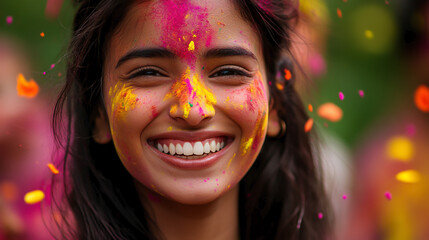 Beautiful young girl with dark hair covered in colorful Holi paint at Indian festival close-up AI generated