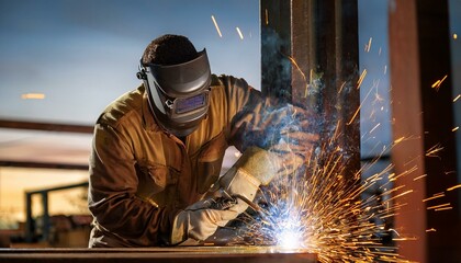 welding sparks fly as a skilled worker constructs metal frame