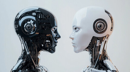 White robot and black robot looking at each other close up in profile on white background generated by AI