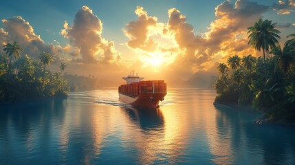 Aufkleber - A cargo ship glides smoothly over tranquil waters during sunset, with bright orange and yellow hues illuminating the sky, framed by lush palm trees and distant mountains.