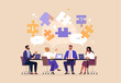 © nadzeya26 - Business Team Brainstorm concept. Contemporary flat style abstract vector illustration of a group of diverse people at a desk leading a discussion with puzzle pieces above their heads.