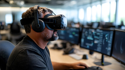 Developer Working on a VR Project with Computer Screen – Immersive Technology and Software Development