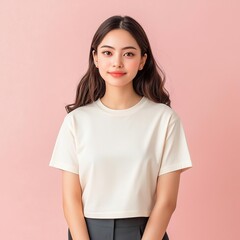 Wall Mural - Girl wearing cream crop t-shirt, soft lighting studio background, minimalistic mockup