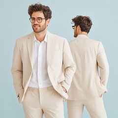 Wall Mural - Man wearing a beige blazer, studio mockup, front and side view, soft lighting