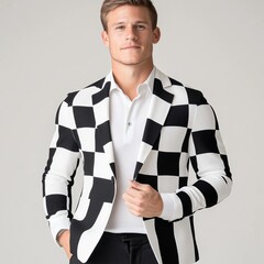 man wearing a black and white checkered blazer, soft studio lighting, modern fashion mockup