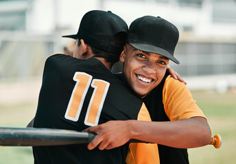 Wall Mural - Hug, portrait and smile of baseball friends outdoor together for competition, game or success. Exercise, fitness and sports with happy player people on field at stadium for celebration or challenge