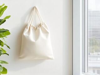 blank drawstring bag hanging against a simple wall, neutral tones and soft shadows for realistic dep