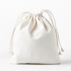 simple blank drawstring bag standing upright, white background, realistic fabric texture and shadows