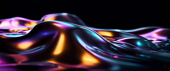 Canvas Print - Liquid metal 3D shape design element on black background. Fluid gradient shape with waves and ripple 