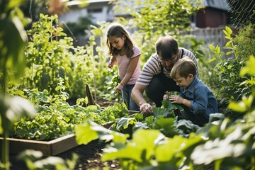 Happy family gardening together in a lush vegetable garden, concept of family bonding, healthy lifestyle, and sustainable living.