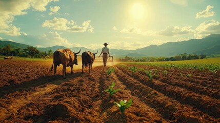 A farmer walks with two oxen in a field, plowing the soil. The sun shines brightly, casting long shadows. The man wears a hat and is walking in front of the oxen.