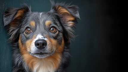 Dog peeking from behind an empty blue wall with a curious expression, a cute and funny animal concept captured in studio photography
