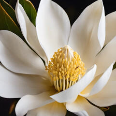 White magnolia flower, close-up showing thick petals and yellow stamens inside. Soft light gives the flower a warm look.