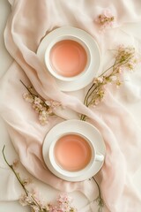 Serene moment with two cups of pink tea resting on soft, delicate fabric adorned with fresh flowers, perfect for relaxation.